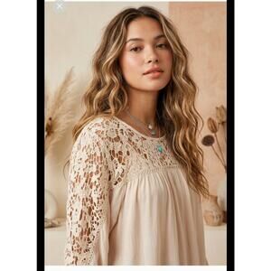 Bohemian Tunic Blouse lace Taupe Love Stitch M cottagecore